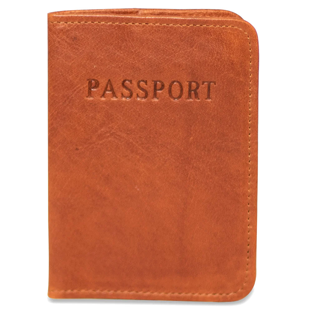 Brown leather passport holder on a white background