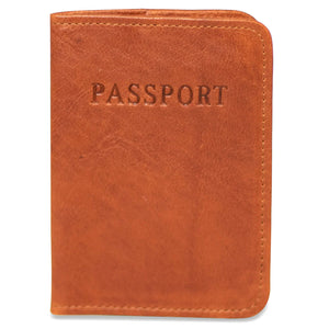 Brown leather passport holder on a white background