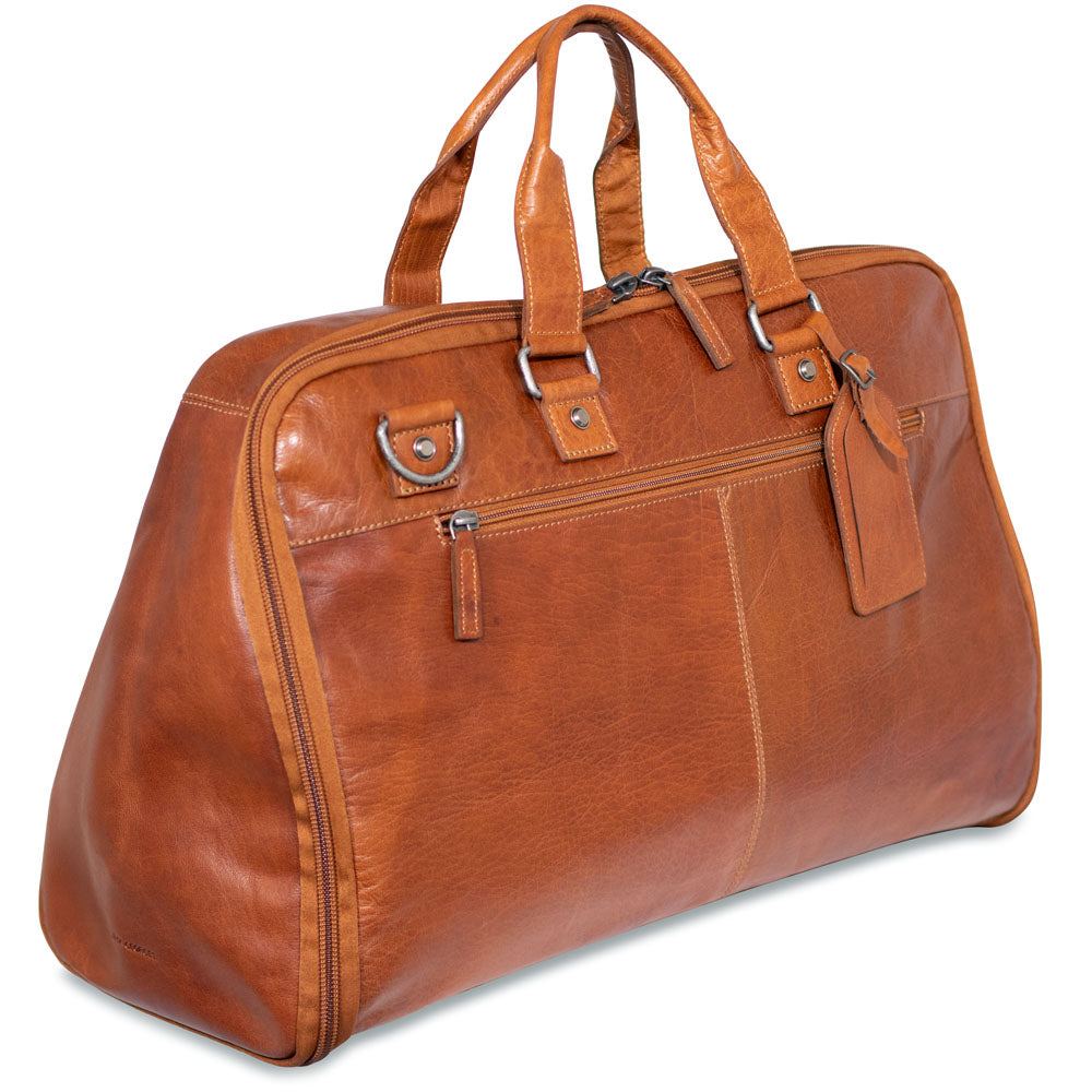Brown leather duffel bag on a white background