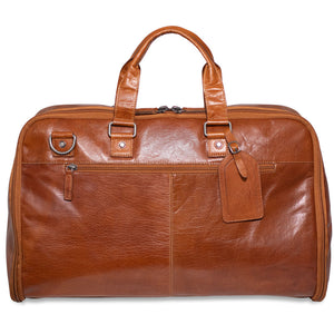 Brown leather duffel bag on a white background