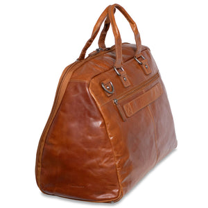 Brown leather duffel bag on a white background