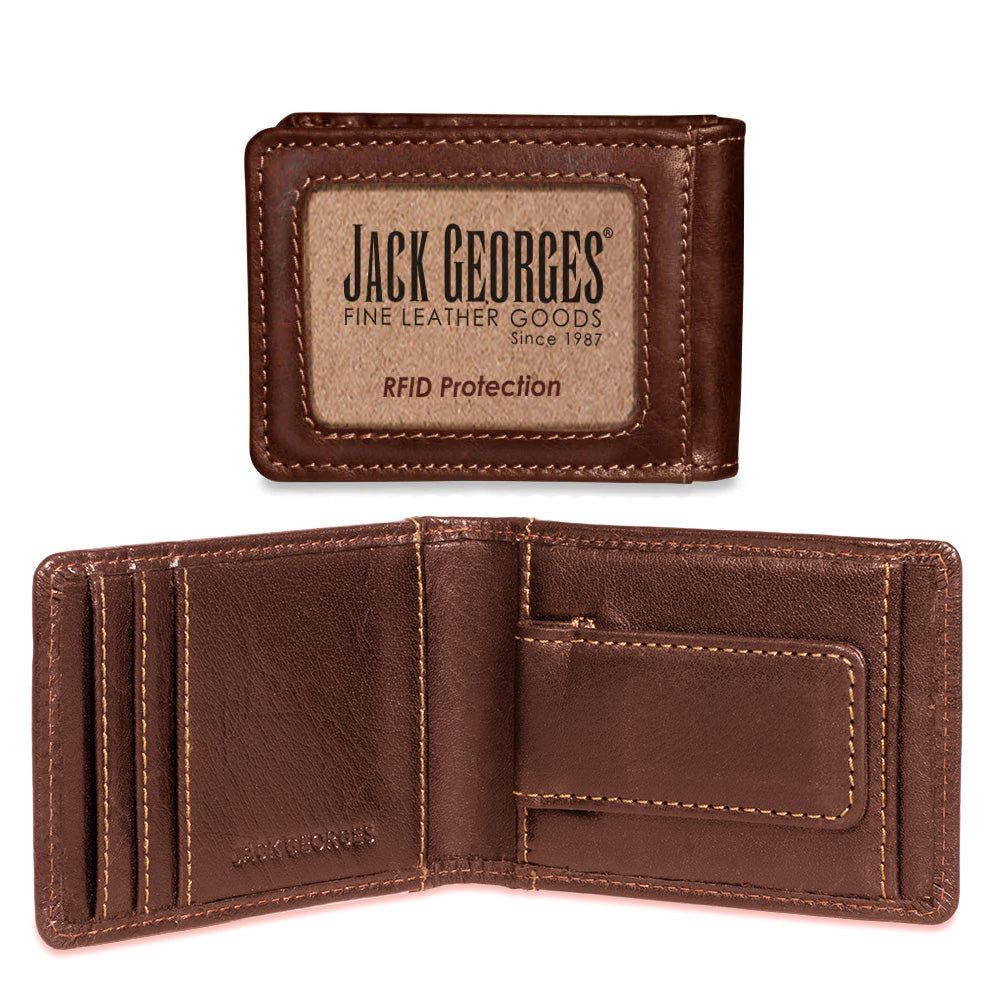 Brown leather wallet with 'Jack Georges' branding on a white background