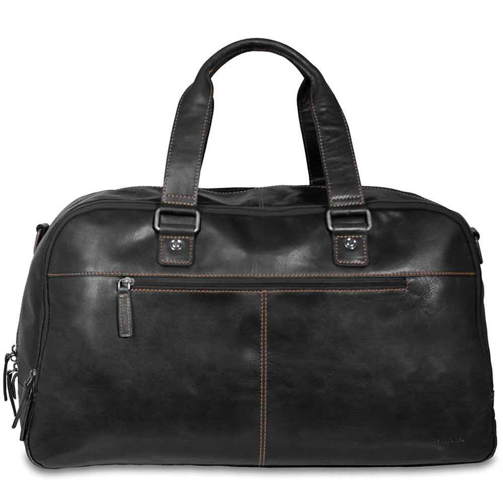Black leather duffel bag on a white background