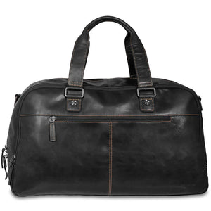 Black leather duffel bag on a white background