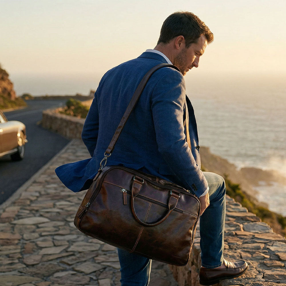 Man with a brown leather bag standing on a stone path by the sea at sunset.