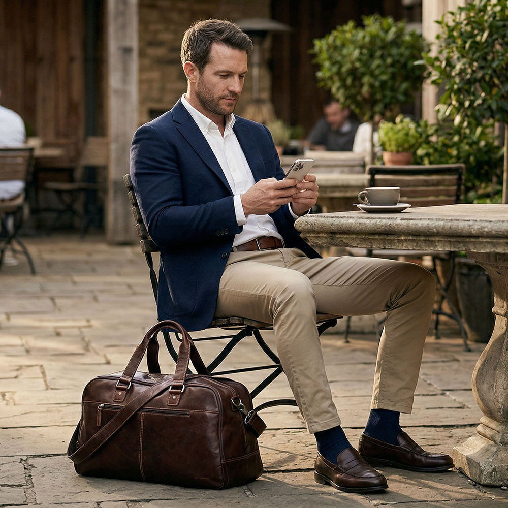 Man sitting outdoors using a phone with a brown leather bag beside him