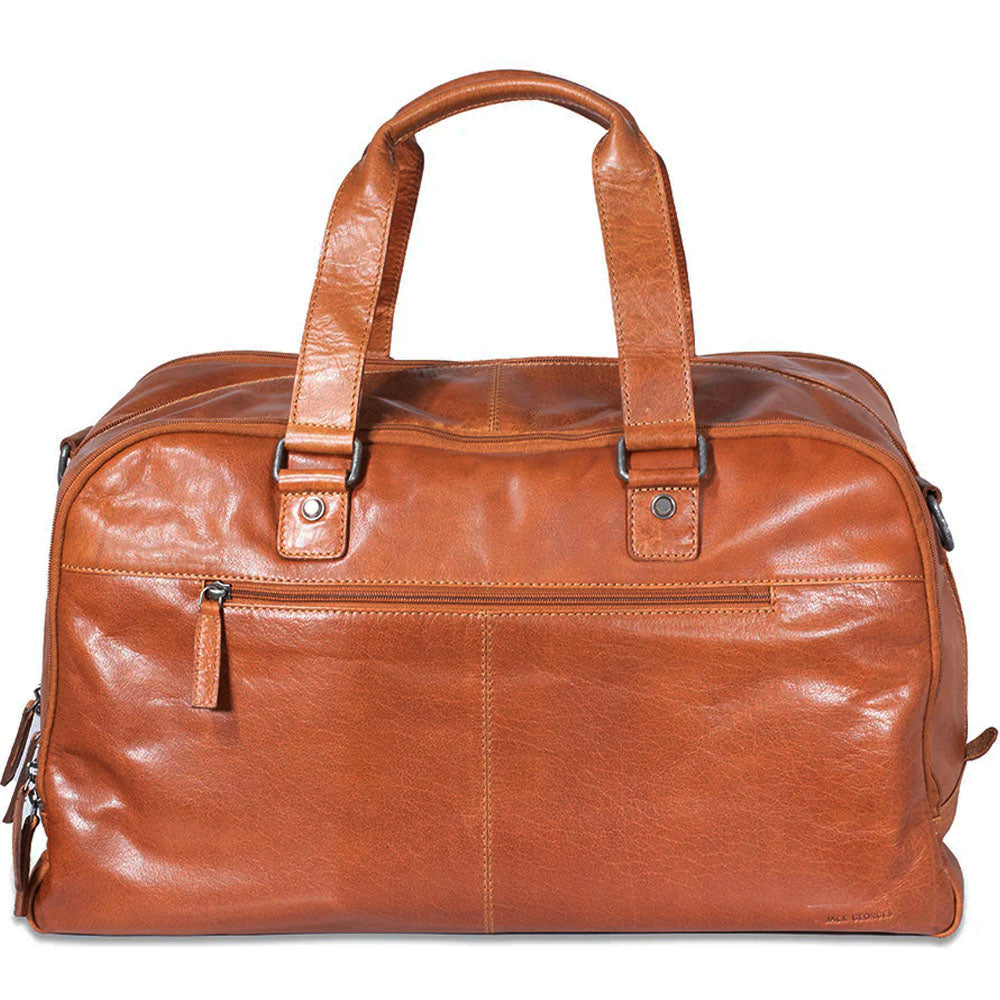 Brown leather duffel bag on a white background