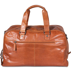 Brown leather duffel bag on a white background