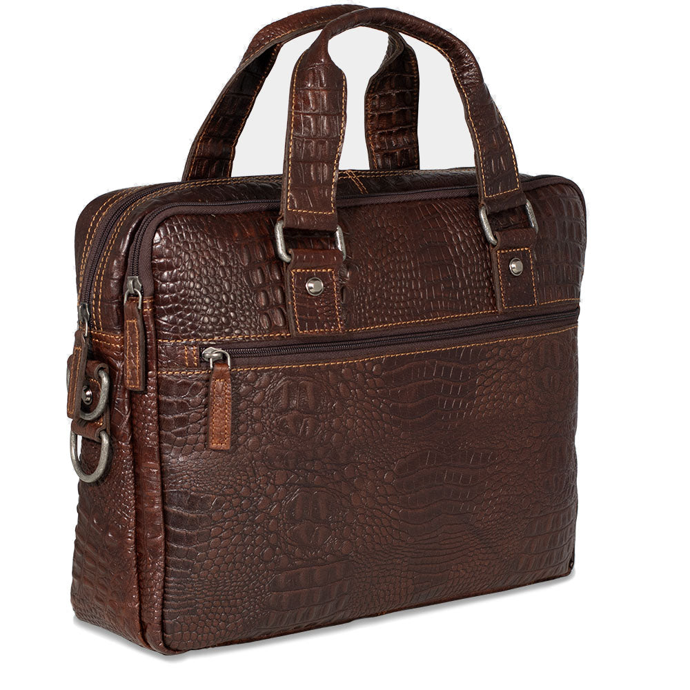 Hornback Croco Professional Zippered Briefcase #HB321 3QTR (Brown)