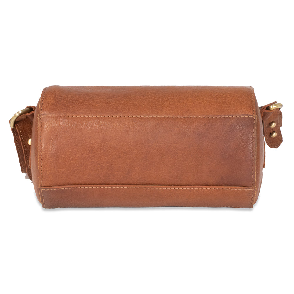 Brown leather crossbody bag on a white background