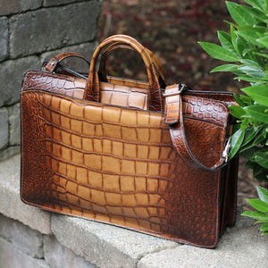 Hand Brushed Croco Double Gusset Top Zip Briefcase #K202 Tan Beauty with Strap