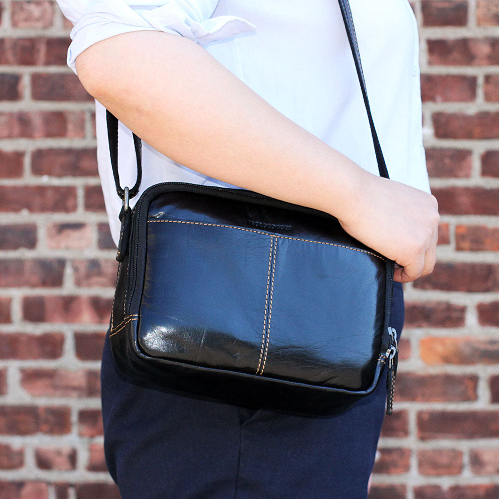Voyager Double Zippered Crossbody Bag #7195 Black Lifestyle