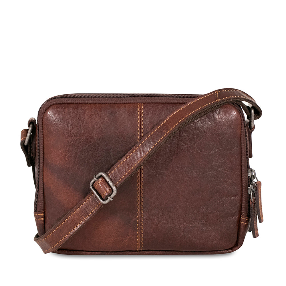 Voyager Double Zippered Crossbody Bag #7195 Brown Back