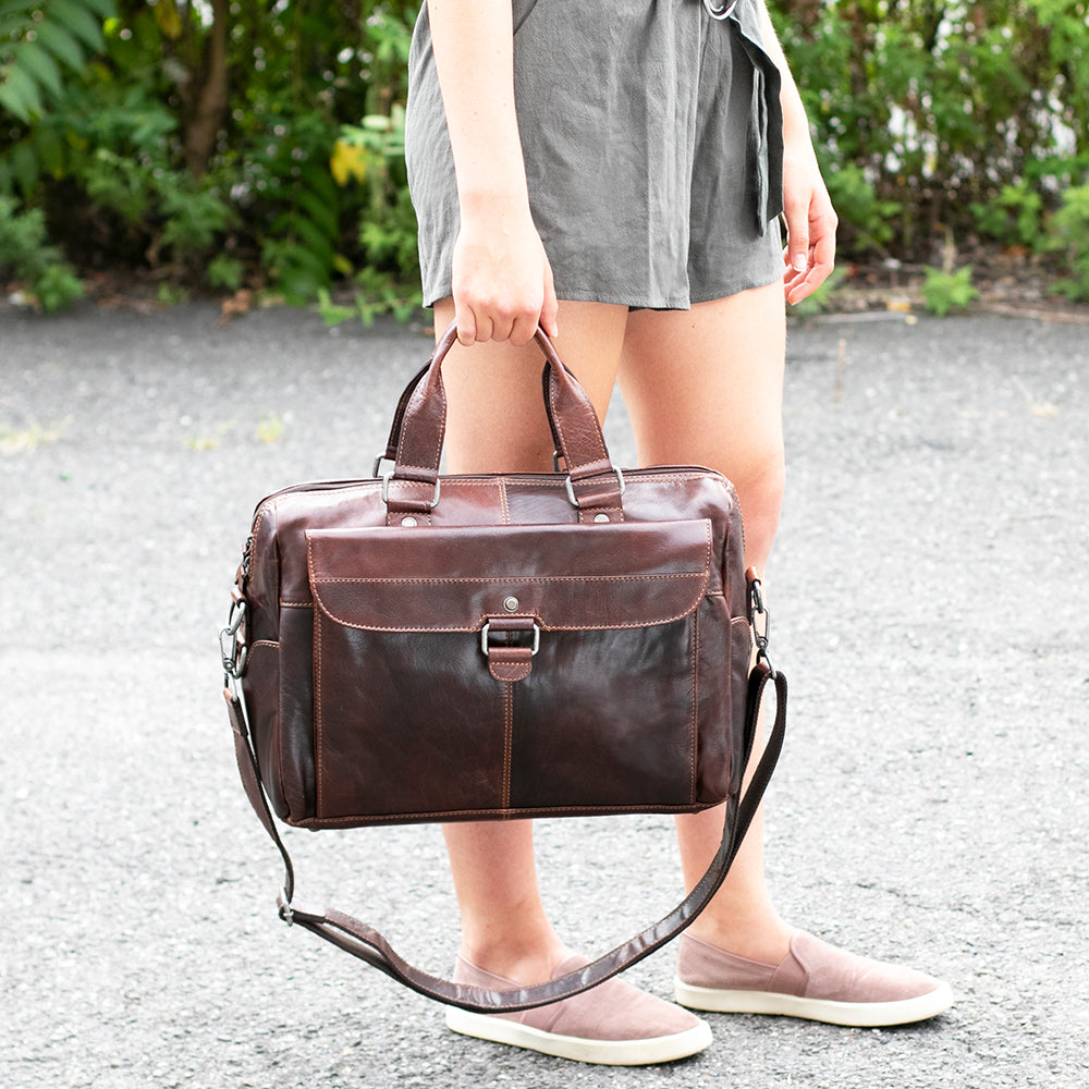 Voyager Zippered Briefcase with Front Flap Pocket #7316 Brown Lifestyle
