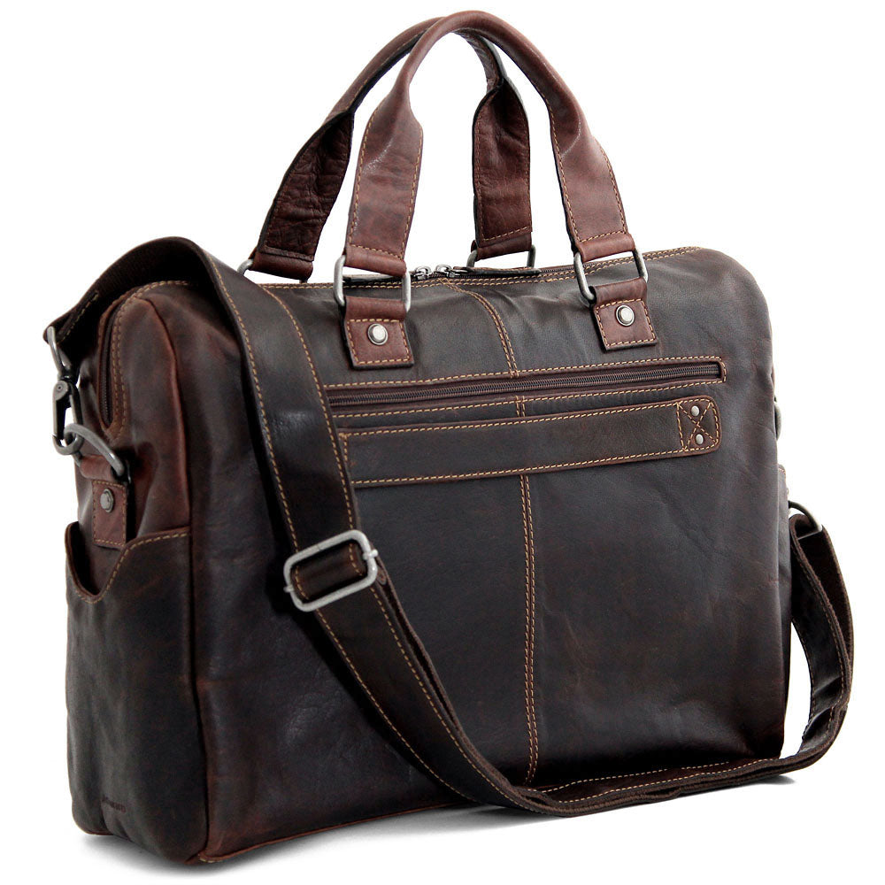 Voyager Zippered Briefcase with Front Flap Pocket #7316 Brown Left Back