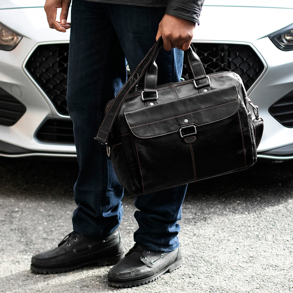Voyager Zippered Briefcase with Front Flap Pocket #7316 Black Lifestyle