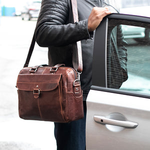 Voyager Zippered Briefcase with Front Flap Pocket #7316 Brown Lifestyle