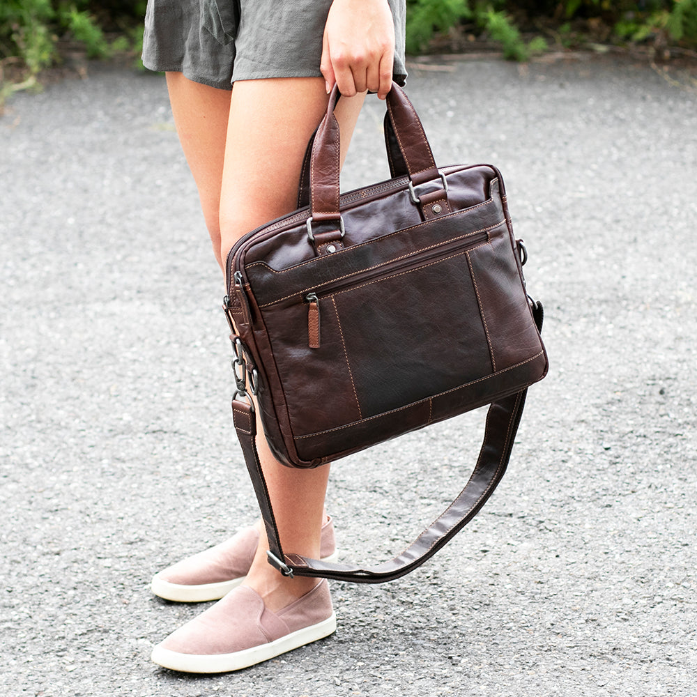 Voyager Slim Zippered Briefcase #7320 Brown Lifestyle 2