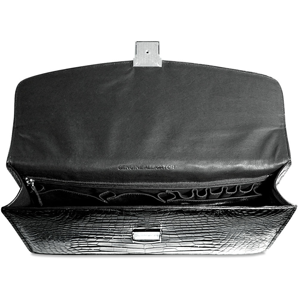 Jack Georges American Alligator Black Slim Flapover Briefcase #AL401 (Top Down Interior Open Empty)
