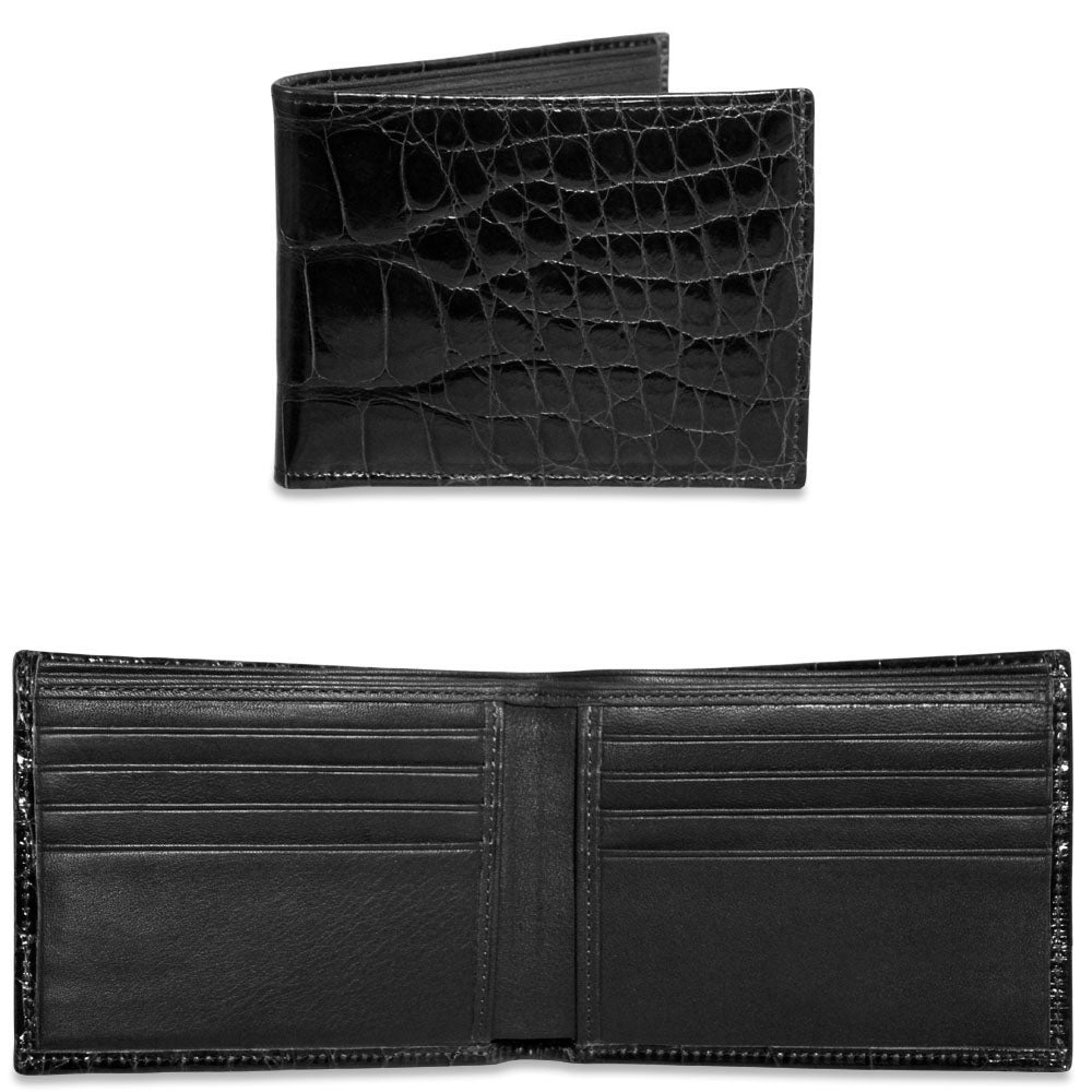 Jack Georges American Alligator Black Classic Bi-Fold Wallet #AL701 (Open and Closed)