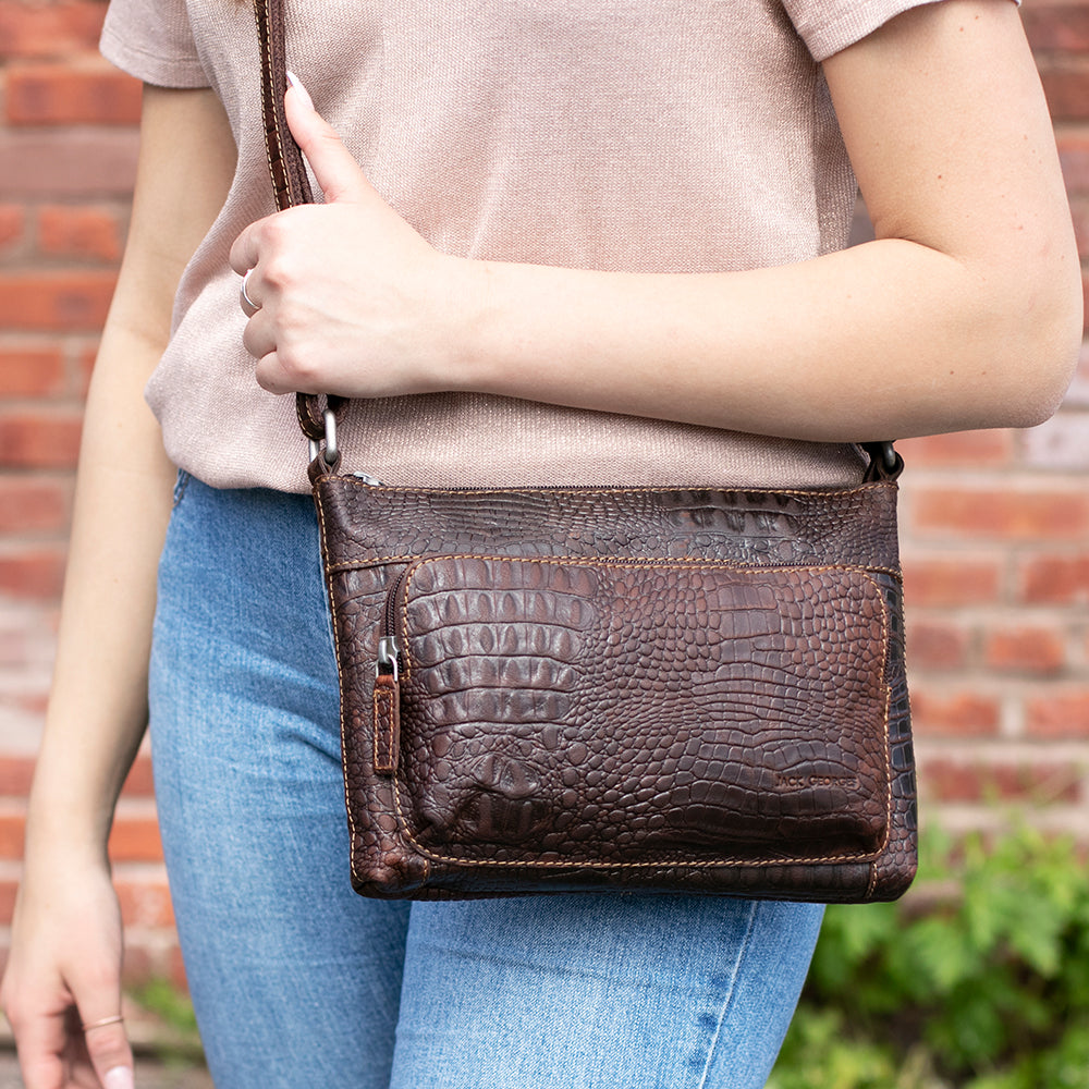 Hornback Croco Mini City Crossbody #HB810 Brown Lifestyle