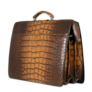Hand Brushed Croco Classic Leather Briefbag #K505 Tan Right Back