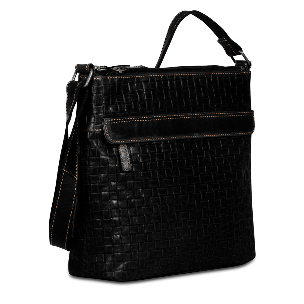 Voyager Woven Zippered Crossbody Hobo Bag #WF832 Black Right Front