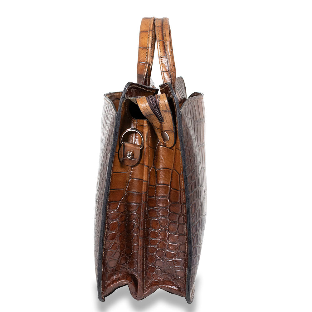 Hand Brushed Croco Double Gusset Top Zip Briefcase #K202 Tan Side