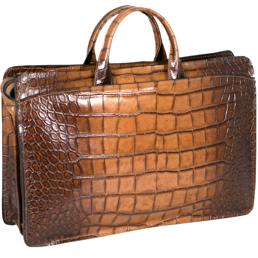Hand Brushed Croco Double Gusset Top Zip Briefcase #K202 Tan Right Front