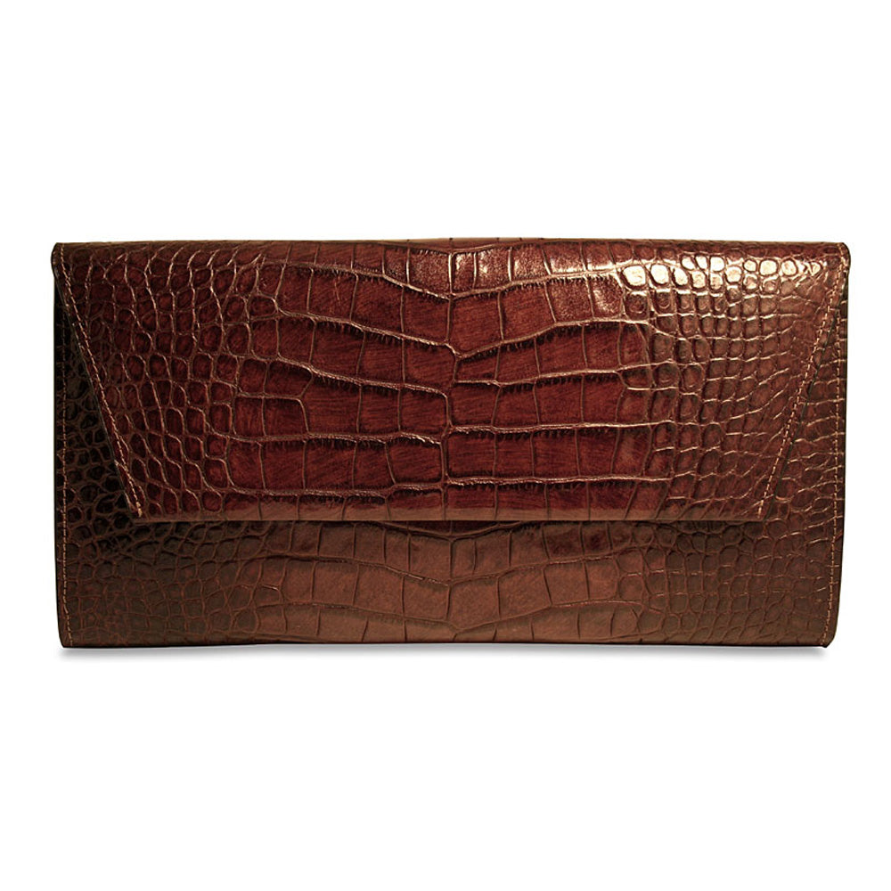 Brown crocodile-patterned clutch bag on a white background