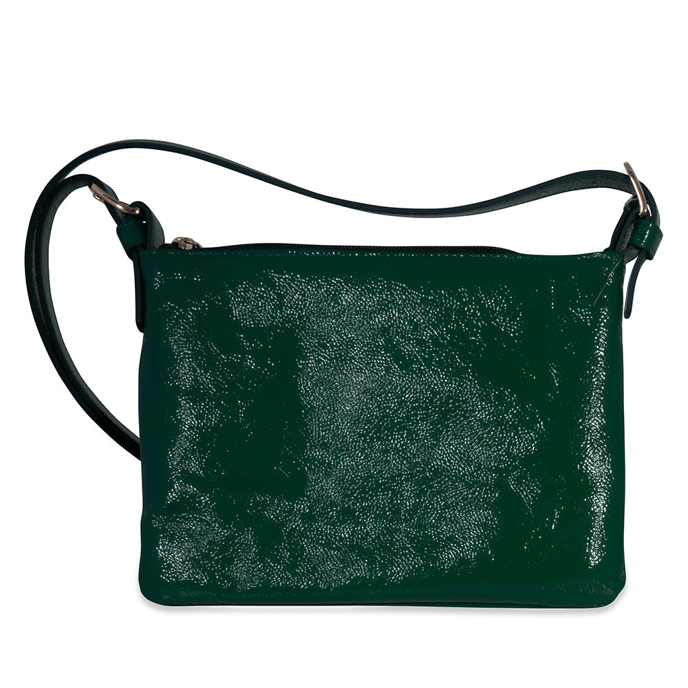 Green leather handbag with a textured surface on a white background