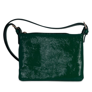Green leather handbag with a textured surface on a white background