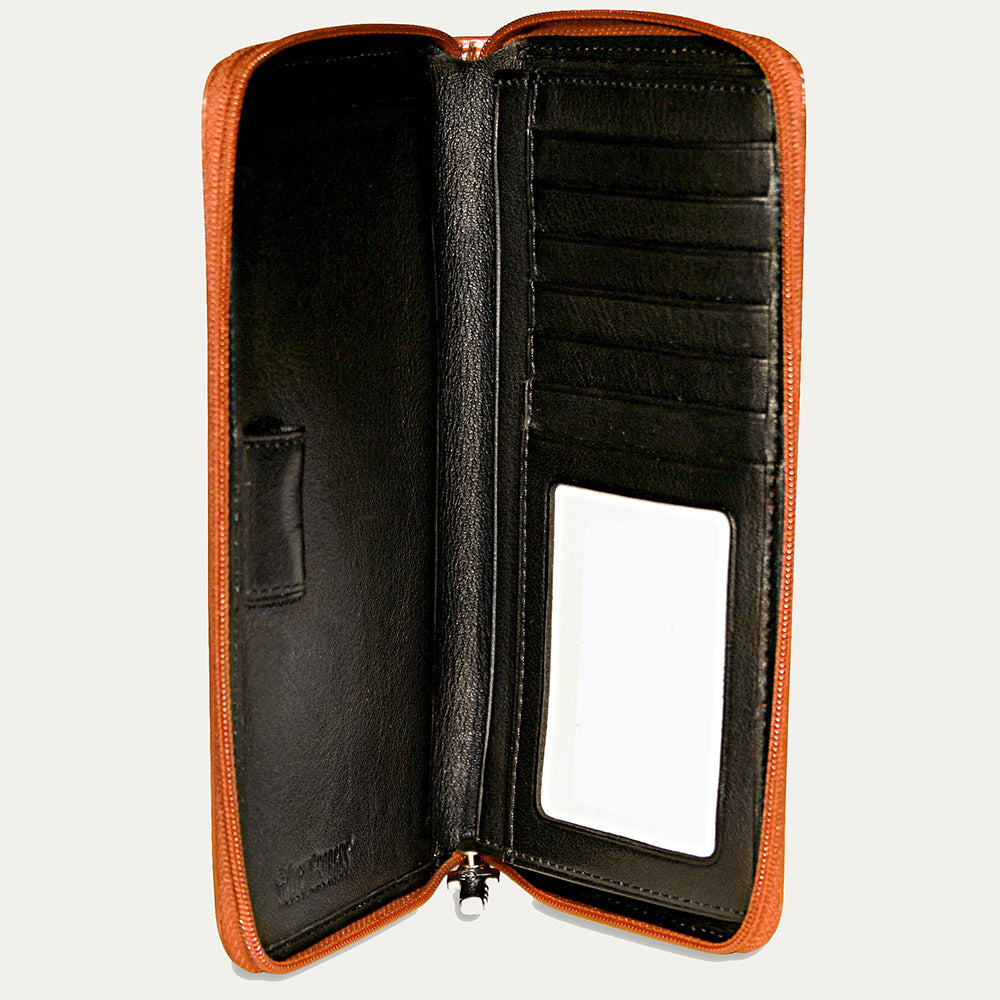 Black leather wallet with orange trim on a white background