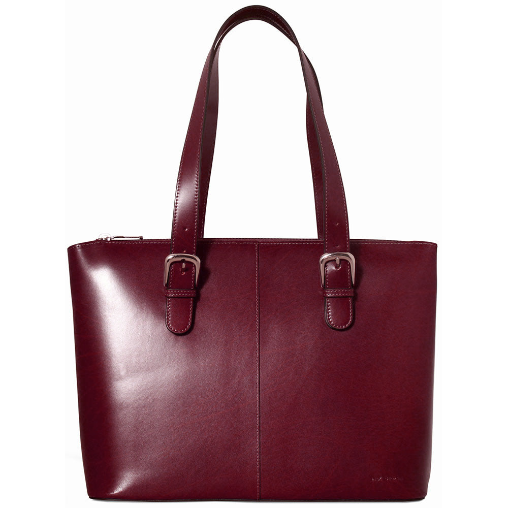 Maroon leather tote bag with silver buckles on a white background