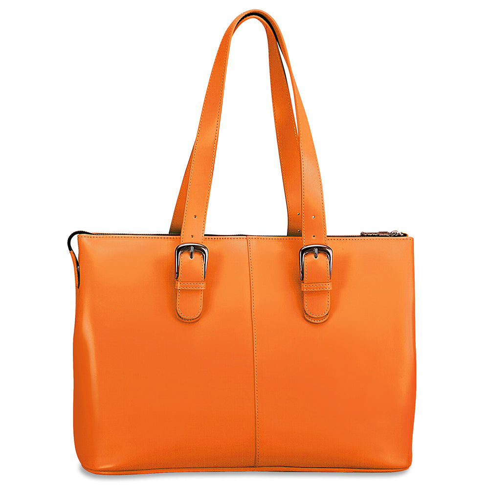Orange handbag with a buckle on a white background