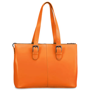 Orange handbag with a buckle on a white background