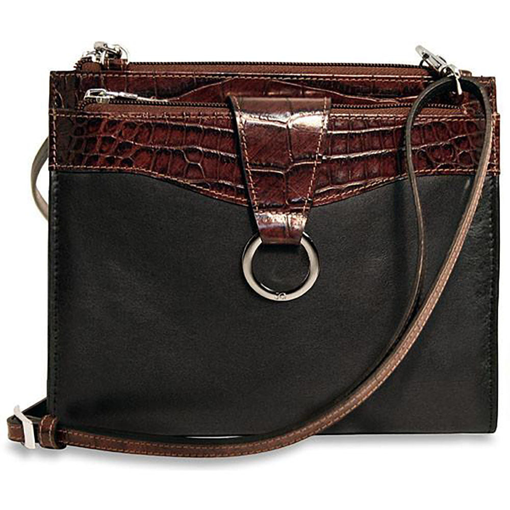 Black handbag with brown leather strap and accents on a white background