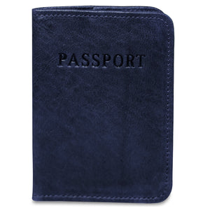 Blue passport holder with 'PASSPORT' embossed on it against a white background