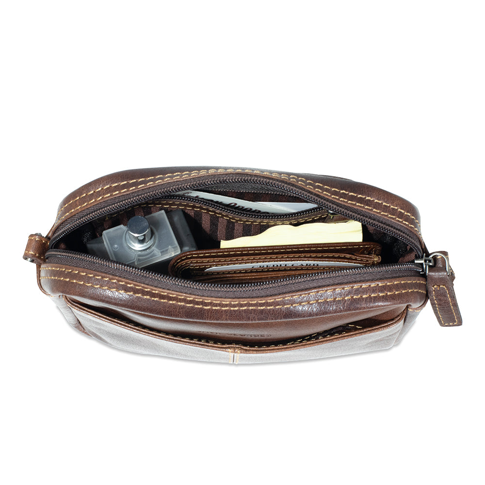 Brown leather pouch with clear interior on a white background
