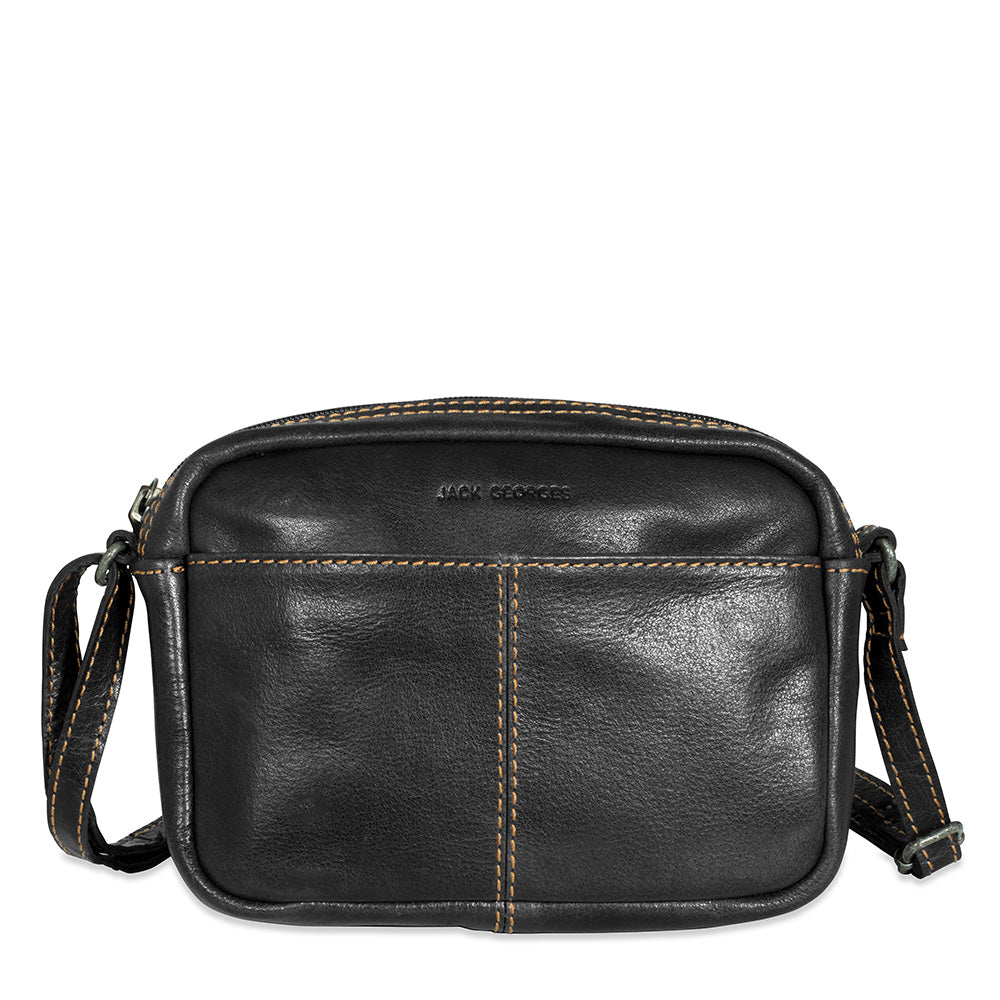 Black leather crossbody bag with visible stitching on a white background