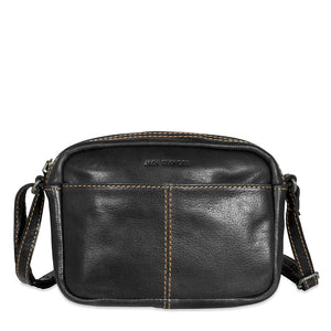 Black leather crossbody bag with visible stitching on a white background