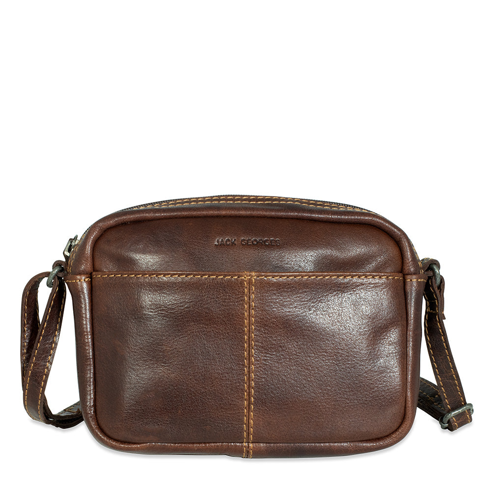 Brown leather crossbody bag on a white background