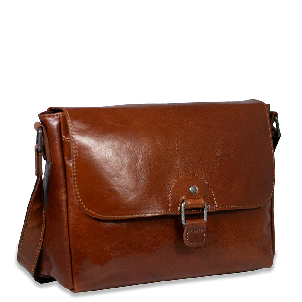 Brown leather messenger bag on a white background