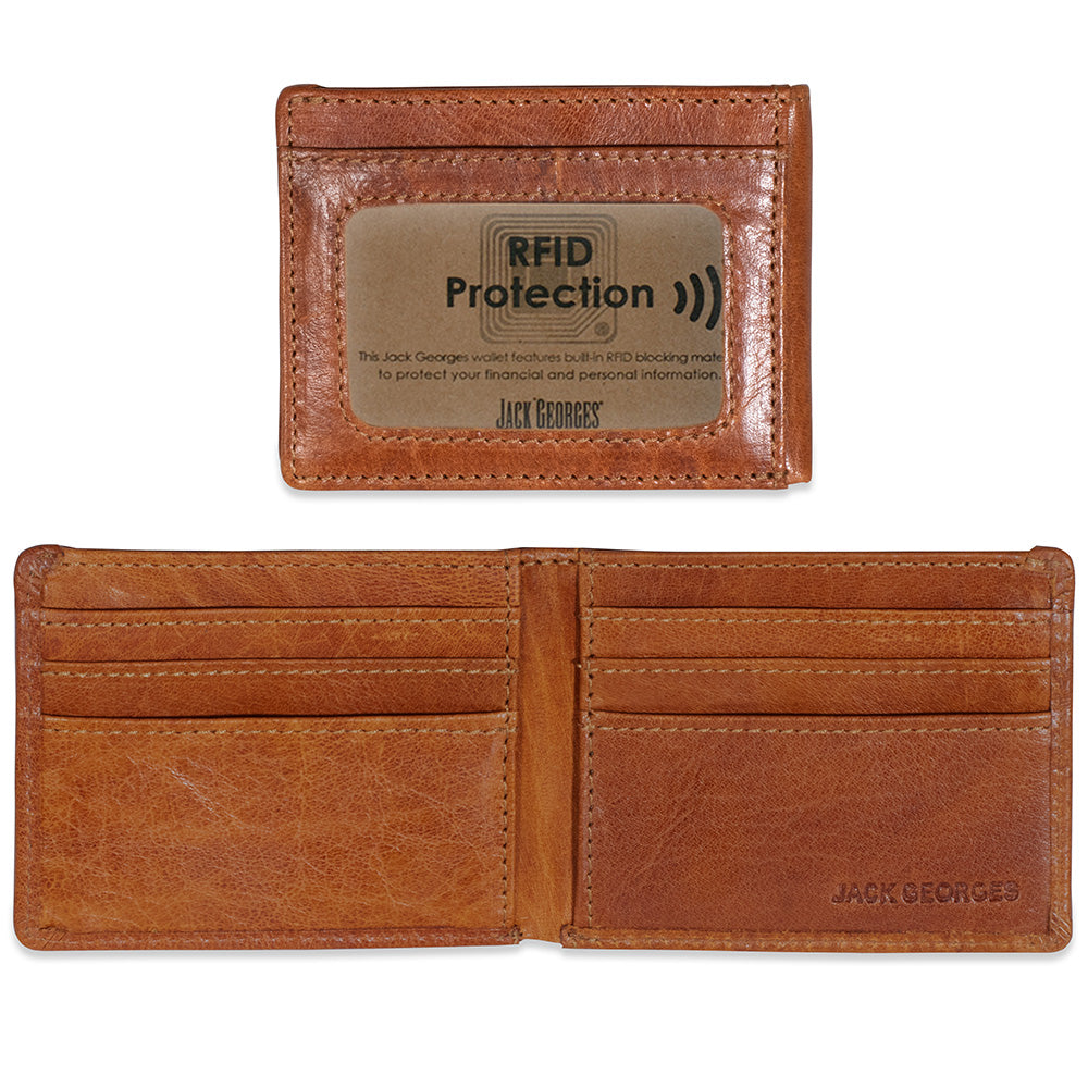 Brown leather wallet with Rfid protection feature on a white background