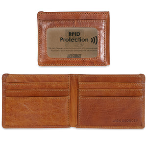 Brown leather wallet with Rfid protection feature on a white background