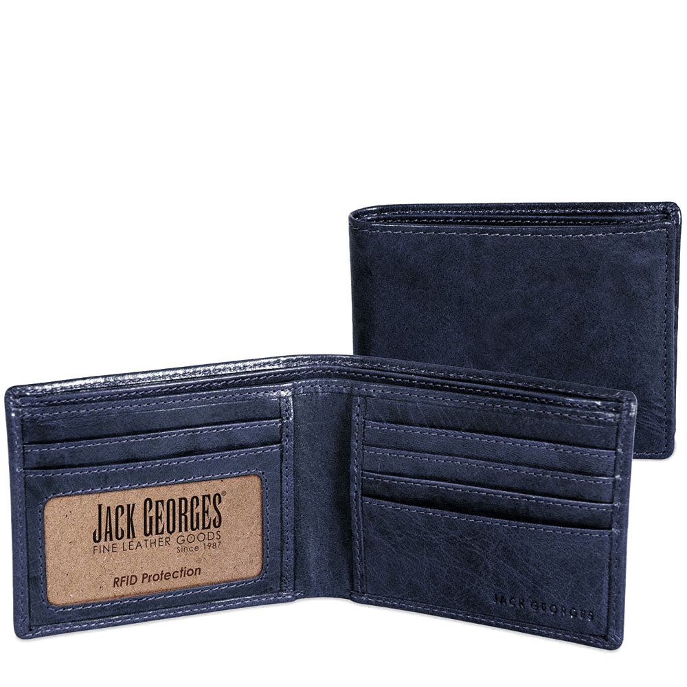 Blue leather wallet with 'Jack Georges' branding on a white background