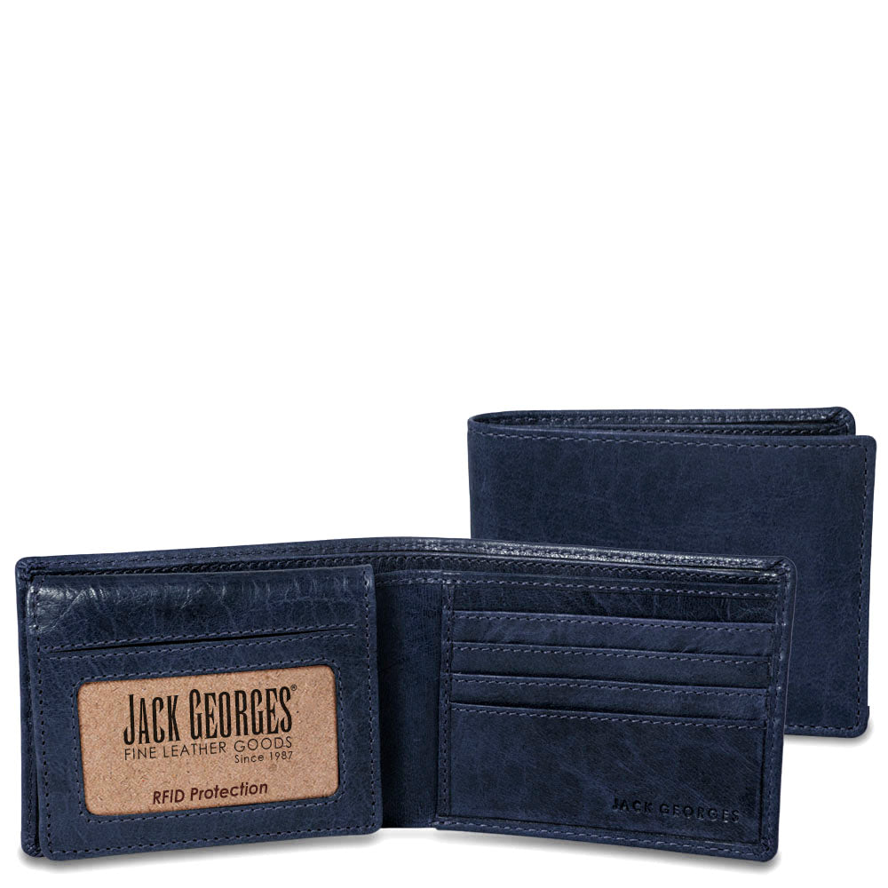 Blue leather wallet with open design showing card slots and brand label on a white background