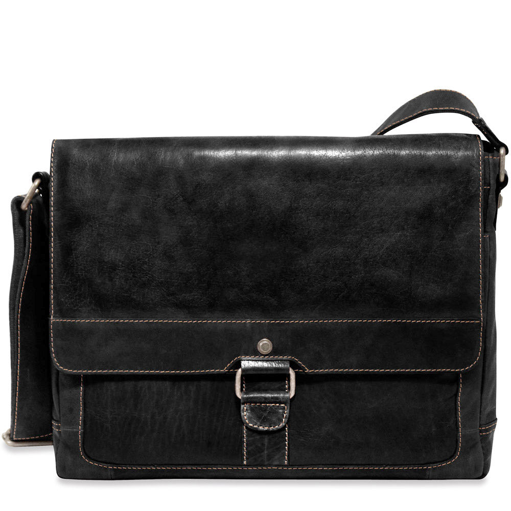 Black leather satchel bag with a buckle on a white background