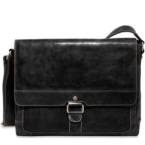 Black leather satchel bag with a buckle on a white background