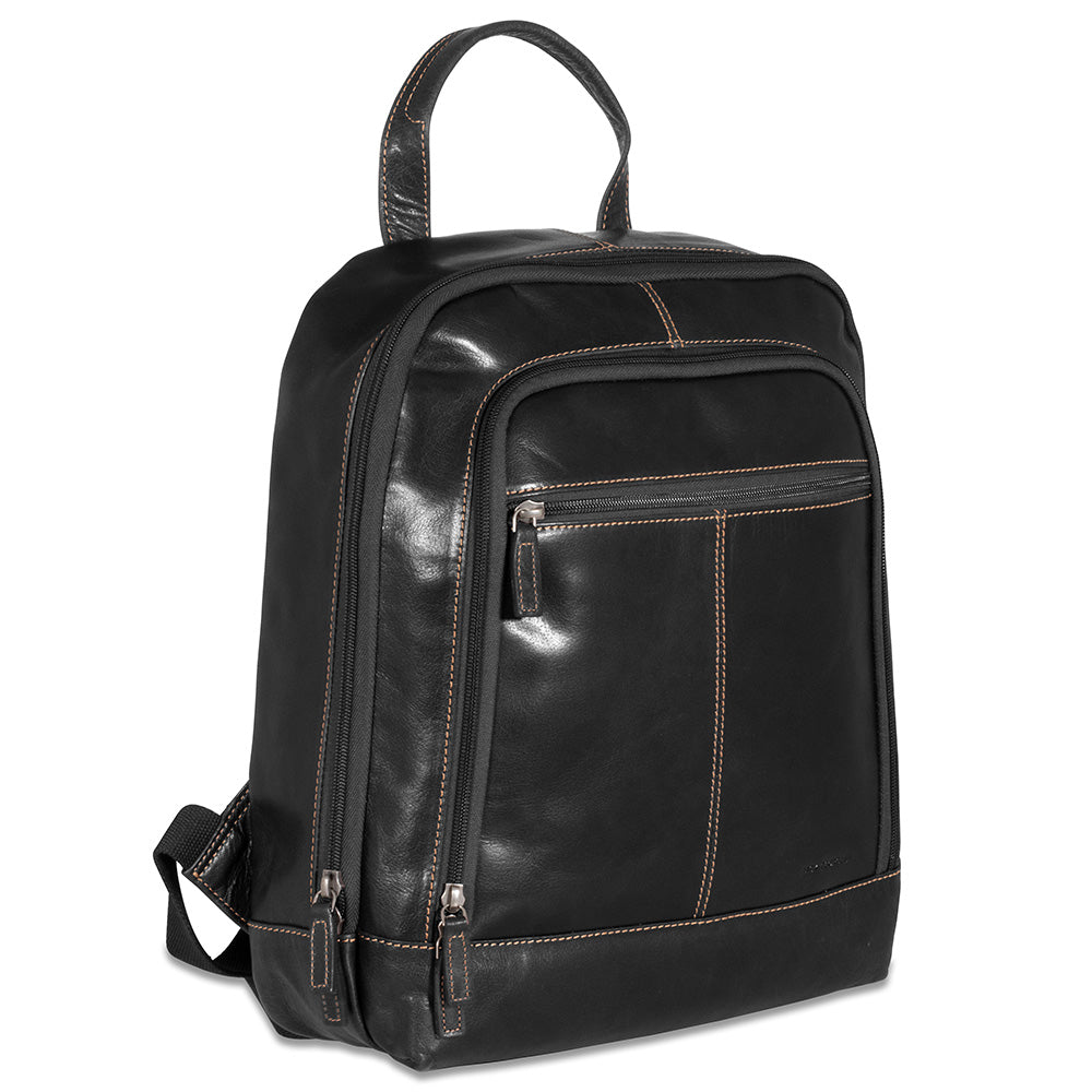 Black leather backpack on a white background